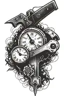 Hand clock and a chainsaw and axe in cursive "God Couldn't make a man any tougher" tattoo design idea