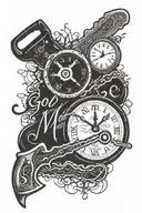 Hand clock and a chainsaw and axe in cursive "God Couldn't make a man any tougher" text built into tattoo tattoo design idea