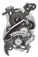 Hand clock and a chainsaw and axe in cursive "God Couldn't make a man any tougher" text built into tattoo tattoo design idea