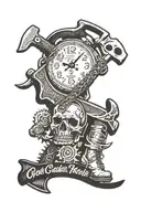 chainsaw and axe in cursive "God Couldn't make a man any tougher"  whole text in tattoo with clock tattoo design idea