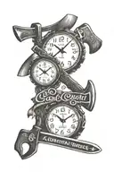 chainsaw and axe in cursive "God Couldn't make a man any tougher"  whole text in tattoo with clock tattoo design idea
