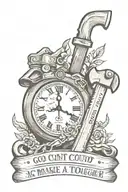 chainsaw and axe in cursive "God Couldn't make a man any tougher"  whole text in tattoo with clock tattoo design idea
