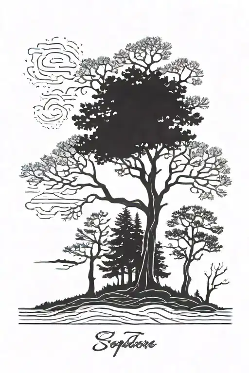Cypress tree silhouette, with a rake next to it tattoo design idea