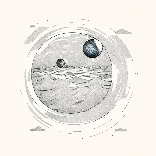 Half-moon, ocean, air force radar which looks like golf ball tattoo design idea