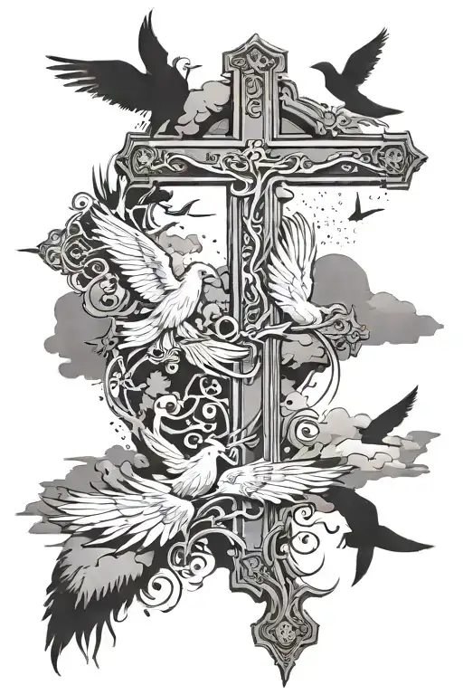 half sleeve tattoo, silhouette of 3 crosses at the bottom, Jesus Christ walking away above it, with doves flying around  tattoo design idea