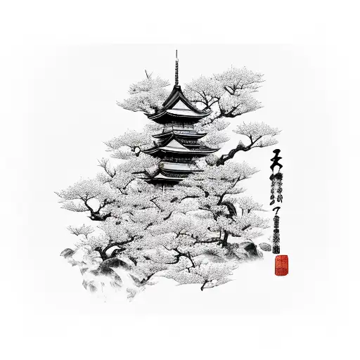 Japanese samurai with temple and cherry blossom tree tattoo design idea