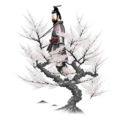 Japanese samurai with cherry blossom tree tattoo design idea