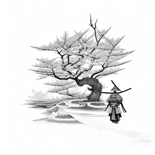 Japanese samurai with temple and cherry blossom tree tattoo design idea