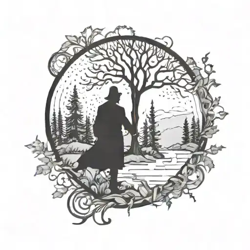 Mysterious forest with hidden paths and a lone traveler tattoo design idea