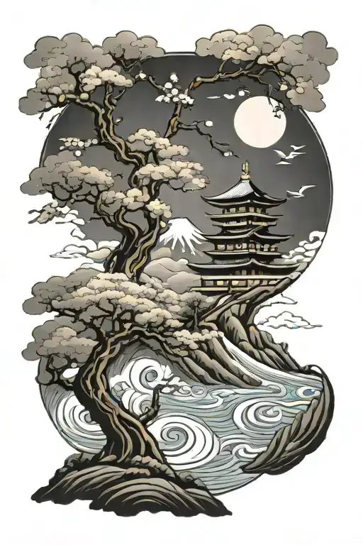 mont Fuji, Sakura tree, waves, Japanese temple, geisha tattoo design idea