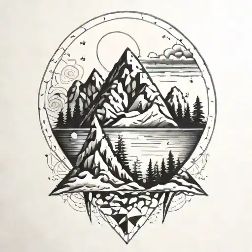 Mountain scene geometric tattoo. Incorporate DNA double helix.  tattoo design idea