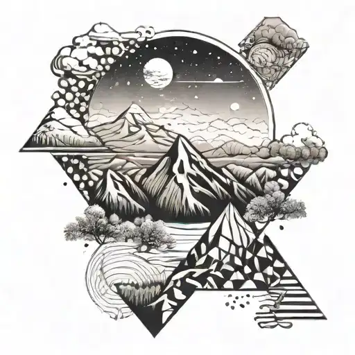 Mountain scene geometric tattoo with DNA double helix tattoo design idea