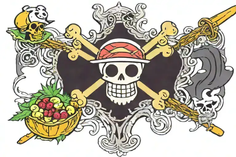 one piece anime Jolly Roger with piles of food and devil fruit below the flag  tattoo design idea