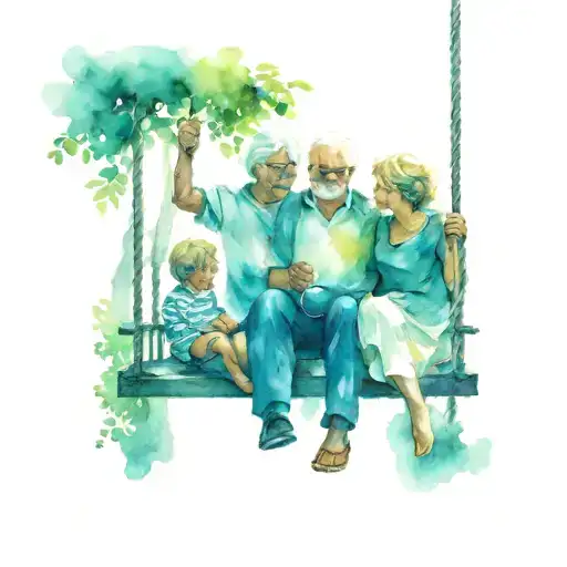 A grandfather, a grandmother and a grandson on a swing backwards tattoo design idea