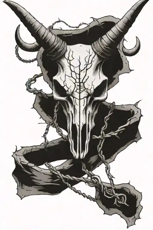 Long horn skull with barbed wire wrapped around it tattoo design idea