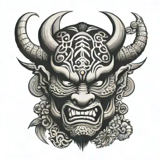 A samurai oni mask with Hawaiian tribal background tattoo design idea