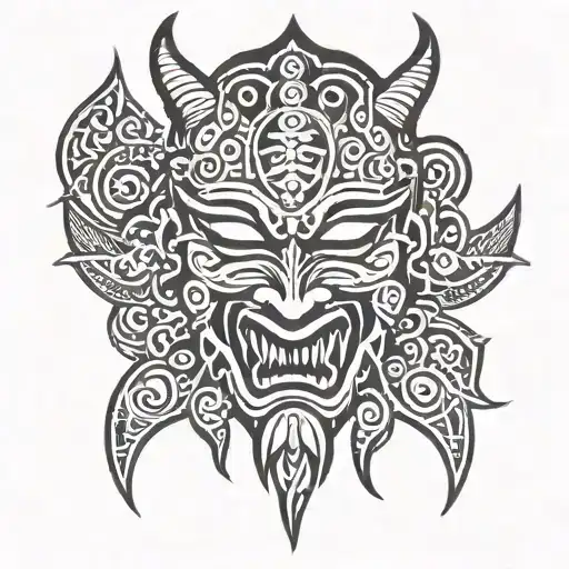 Hawaiian Tribal with oni mask tattoo design idea