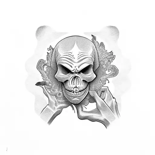 card of money, card of king, card of joker skeleton hand holding  tattoo design idea