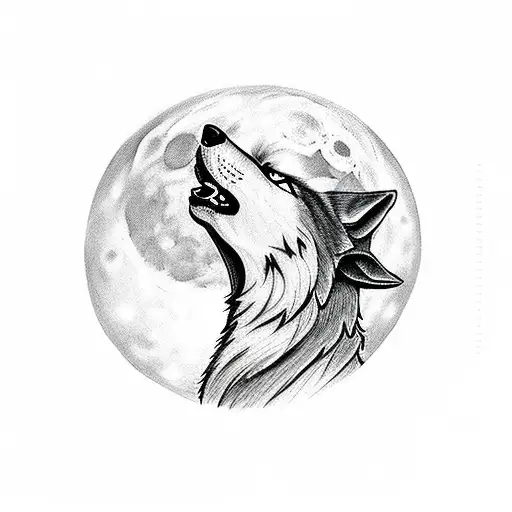 A silhouette of a wolf howling at the moon with mountains in the background tattoo design idea