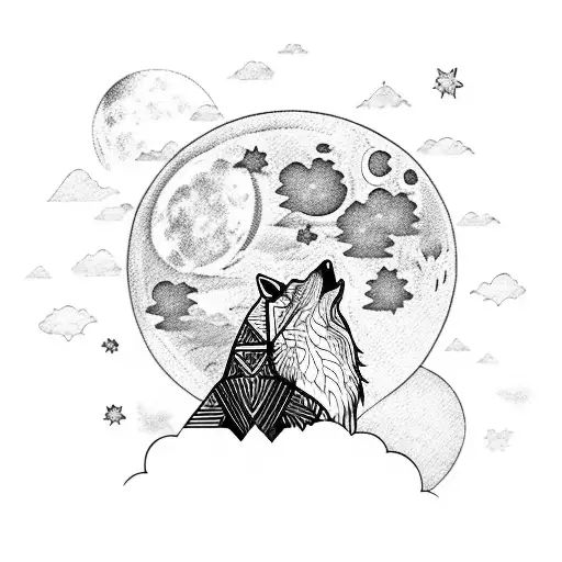 A silhouette of a wolf howling at the moon with mountains in the background tattoo design idea