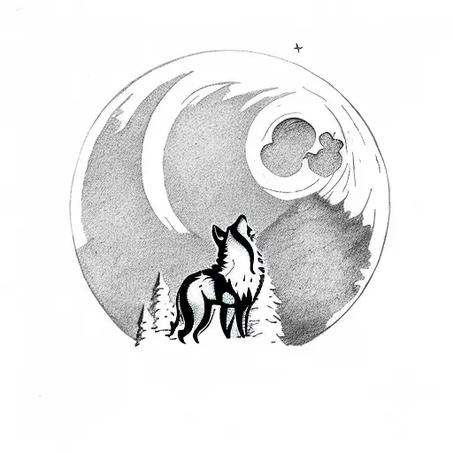 A silhouette of a wolf howling at the moon with mountains in the background tattoo design idea