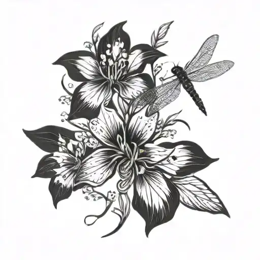 A dark and mysterious blackwork design featuring a larkspur flower intertwined with a dragonfly tattoo design idea