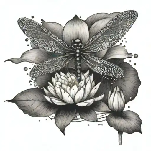 A dragonfly resting on a water lily with larkspur petals floating in the background, representing tranquility tattoo design idea
