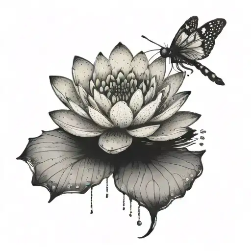 A delicate dotwork piece showcasing a water lily floating on water with a dragonfly hovering above tattoo design idea