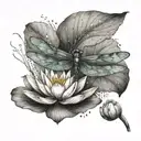A dragonfly resting on a water lily with larkspur petals floating in the background, representing tranquility tattoo design idea