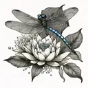 A dragonfly resting on a water lily with larkspur petals floating in the background, representing tranquility tattoo design idea