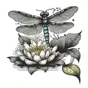 A dragonfly resting on a water lily with larkspur petals floating in the background, representing tranquility tattoo design idea
