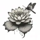 A delicate dotwork piece showcasing a water lily floating on water with a dragonfly hovering above tattoo design idea