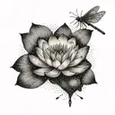 A delicate dotwork piece showcasing a water lily floating on water with a dragonfly hovering above tattoo design idea