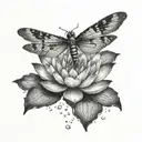 A delicate dotwork piece showcasing a water lily floating on water with a dragonfly hovering above tattoo design idea