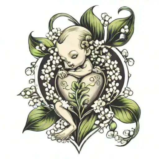 lily of the valley heart with kewpie doll inside tattoo design idea