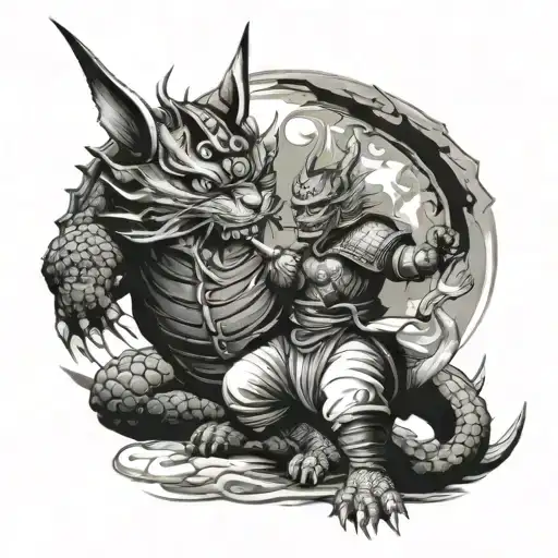 samurai cat fighting dragon, graphic, sketch, black and white, drawing, high detail tattoo design idea
