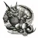 samurai cat fighting dragon, graphic, sketch, black and white, drawing, high detail tattoo design idea