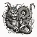 samurai cat fighting dragon, graphic, sketch, black and white, drawing, high detail tattoo design idea