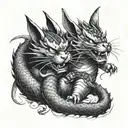 samurai cat fighting dragon, graphic, sketch, black and white, drawing, high detail tattoo design idea