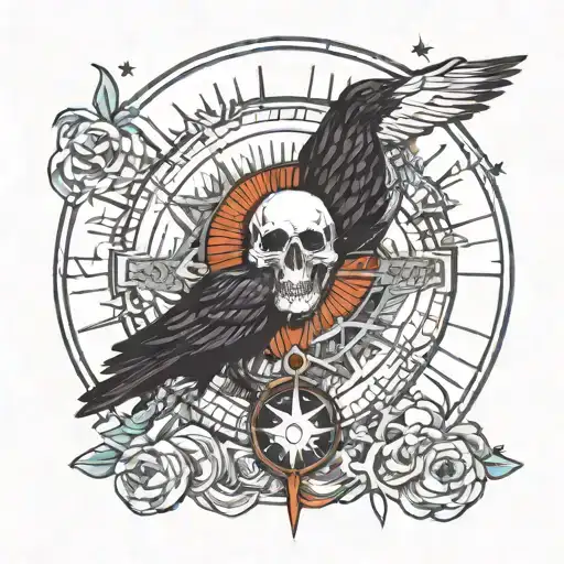 Mystic circle, raven skull, crescent moon crest, tarot elements tattoo design idea