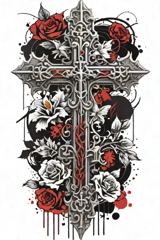 Gothic Cross with flowers tattoo design idea