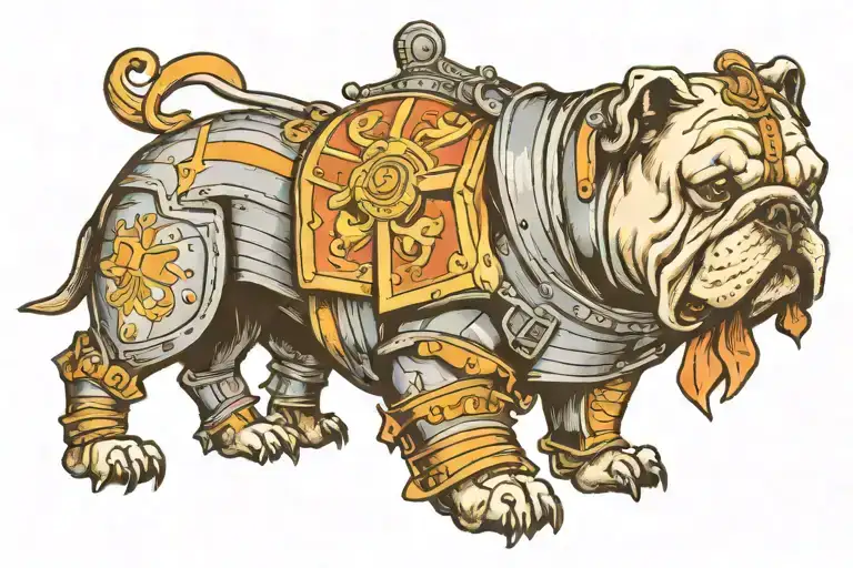 bulldog in medieval armor holding tattoo design idea