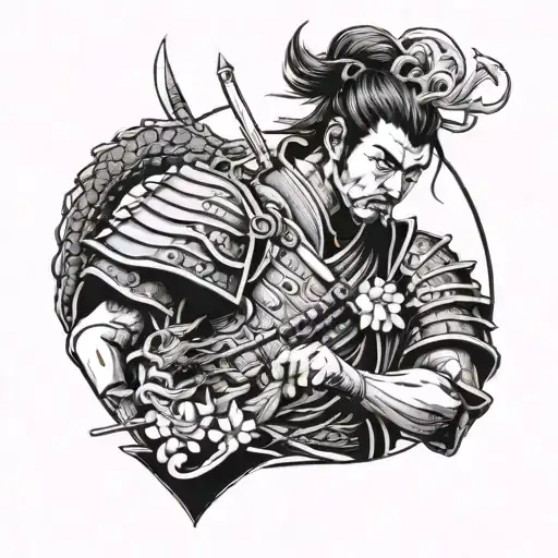 samurai in armor with a Japanese cherry tree and a dragon tattoo design idea
