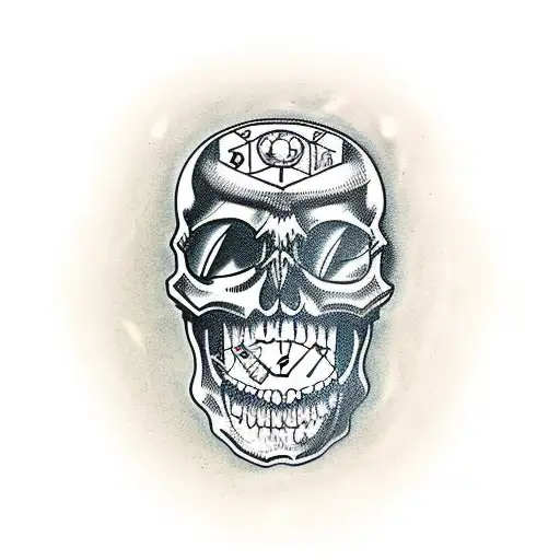Skull with fangs and clock tattoo design idea