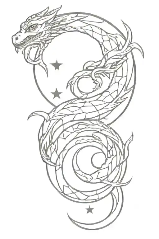 simple dragon with mystical symbols intertwined around it representing the moon and the stars tattoo design idea