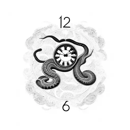 a coiled snake above the clock with burgundy petals scattered everywhere tattoo design idea