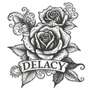 The name delacy in cursive with a rose  tattoo design idea
