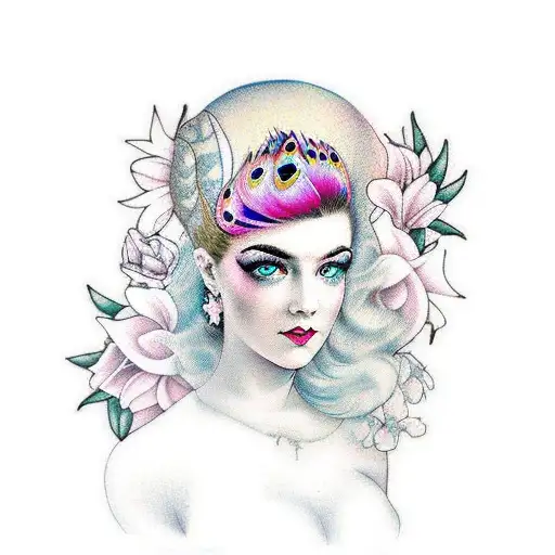 girl with peacock hair and with 2 big pink lilies flowers in her hair tattoo design idea