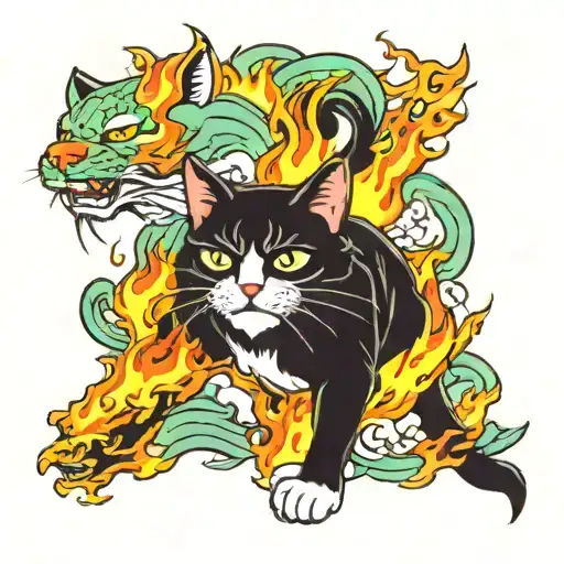Japanese "Cat With Mint Colored Fire Coming From Mouth" Tattoo Design Idea tattoo design idea