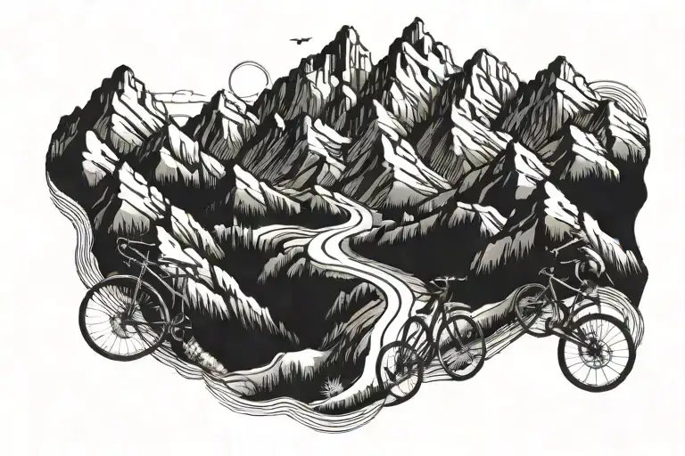 A detailed mountain range silhouette with a winding bike trail weaving through it tattoo design idea